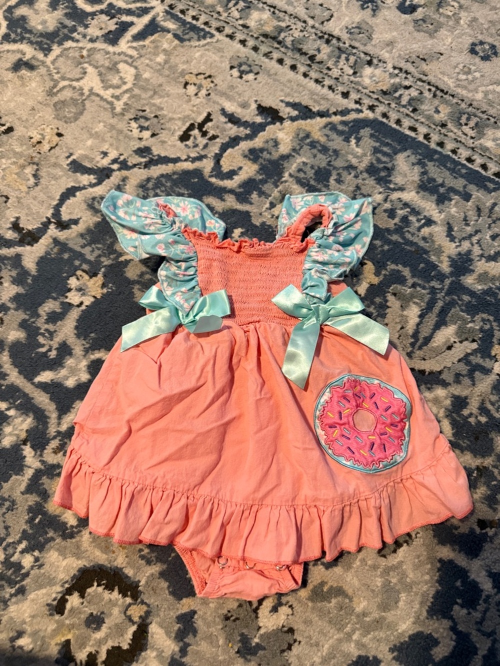 Girls Coral Pink Donut One-Piece Romper with Mint Trim